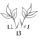 I want 2 royal leaves with 4 cursive letters M,L,W,J each for a family member and a 13 at the base for me tattoo design idea