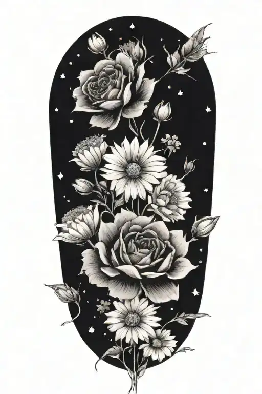 An intricate tattoo of a boquet of roses, daisy, and cosmos flowers tattoo design idea