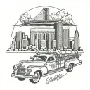 New York skyline with Yankee stadium, classic car, and fire truck  tattoo design idea