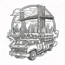 New York skyline with Yankee stadium, classic car, and fire truck  tattoo design idea