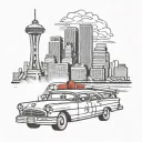 New York skyline with Yankee stadium, classic car, and fire truck  tattoo design idea