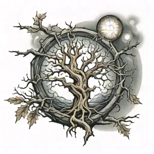 dead tree with halo tattoo design idea
