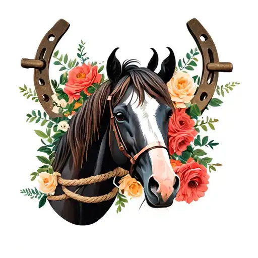 the horse with like rope flowers in the background with horseshoes  tattoo design idea
