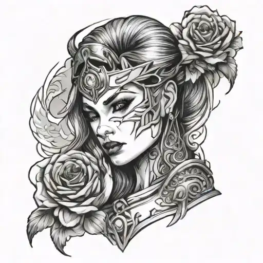 Design a tattoo that represents the strength and empowerment of women, such as a portrait of a powerful woman or a female warrior tattoo design idea