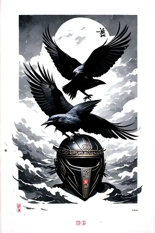 Bandada with black crows flying from the Itachi helmet. Background with Japanese clouds Sumi-E style in black ink. tattoo design idea