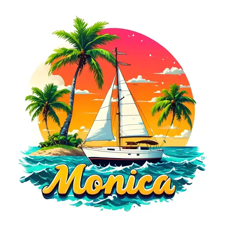 "Monica" "Monica" "Monica" "Monica" "Monica" foreground white sailboat, sunrise sky small background island with palm tree.  ocean vibrant colors, bubble letters tattoo design idea