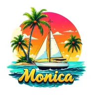 "Monica" "Monica" "Monica" "Monica" "Monica" foreground white sailboat, sunrise sky small background island with palm tree.  ocean vibrant colors, bubble letters tattoo design idea