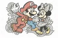super mario and minnie mouse hugging each other tattoo design idea