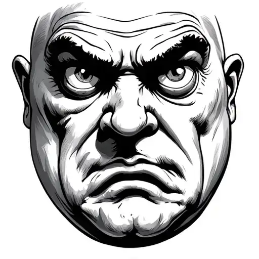 an ugly fat man with big, affected eyes a distant bilk tattoo design idea