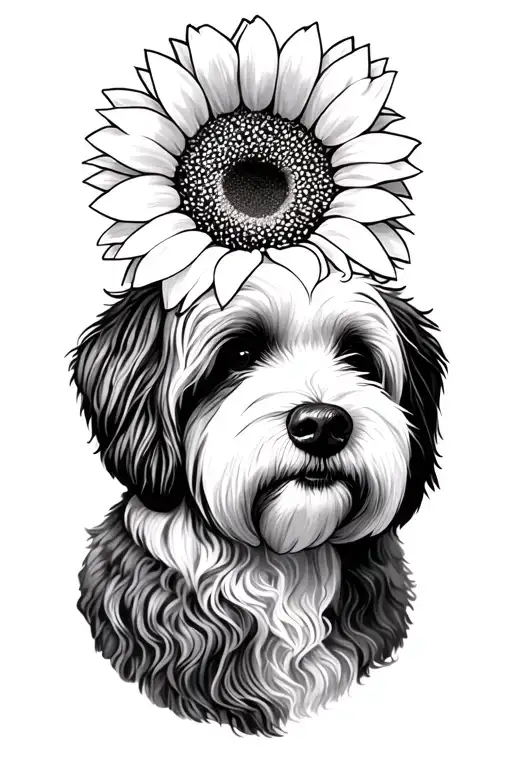old English sheepdog and sunflowers tattoo design idea