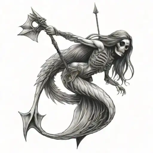 full body skeleton mermaid holding a trident in one hand  tattoo design idea