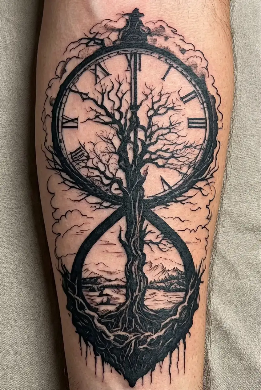 peace and lightining storm and time and nature tattoo design idea