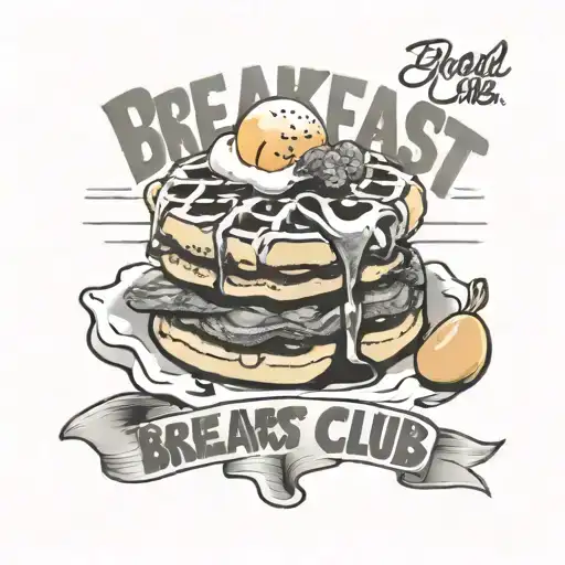 The words The Breakfast Club with waffles, sausage, and eggs behind the words and in black and white, realistic  tattoo design idea