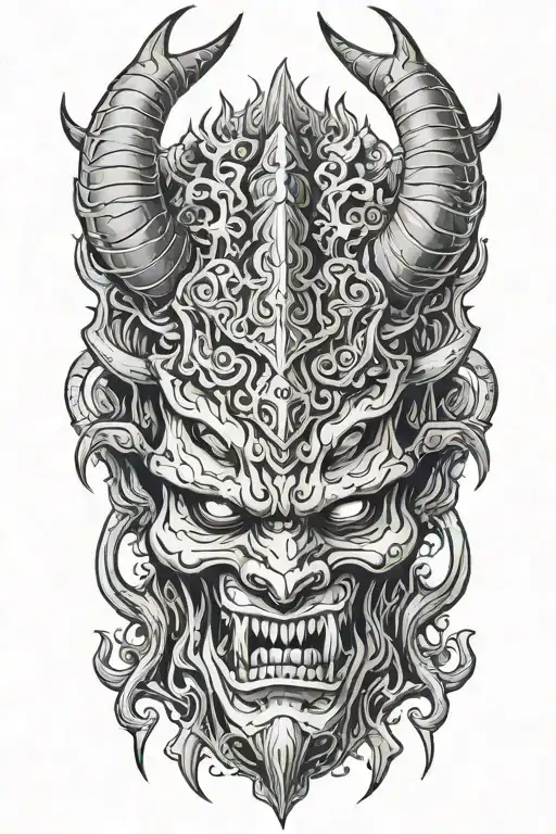 oni mask and skull with horns bahamut head tattoo design idea