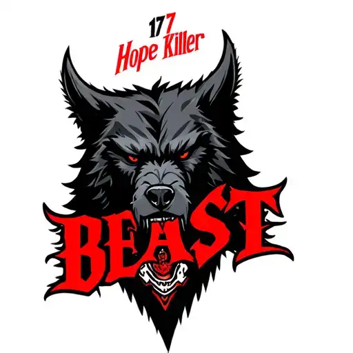one centered black werewolf head with "Hope 17 Killer" written above in red and the word "BEAST" written below tattoo design idea