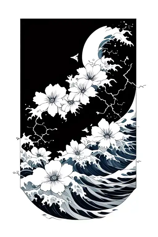 forearm half sleeve tattoo featuring japanese waves, lightning and small flowers tattoo design idea