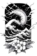 forearm half sleeve tattoo featuring japanese waves, lightning and small flowers tattoo design idea