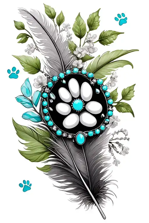 feathers, american flag, green leaves, one brooch turquoise jewelry, flowers, paw prints tattoo design idea