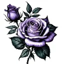 Bouquet with a violet flower an open rose and a smaller close rose tattoo design idea