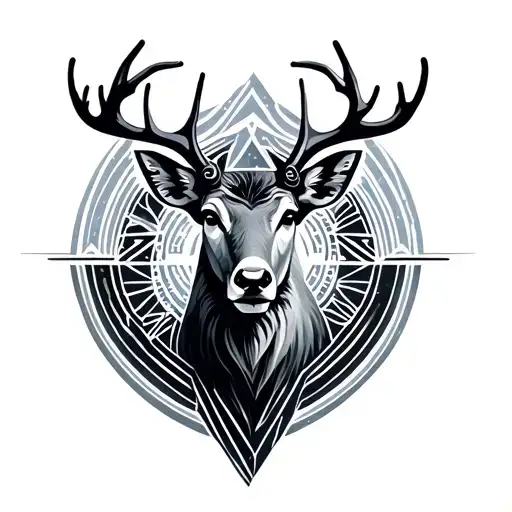 minimalist, sami symbols, tattoo, aurora, reindeer under northen light, lapland, geometrical tattoo design idea