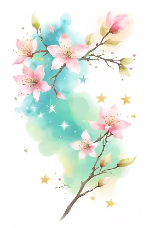 add space theme stars around the cherry blossom flowers and two shooting stars in the background  tattoo design idea