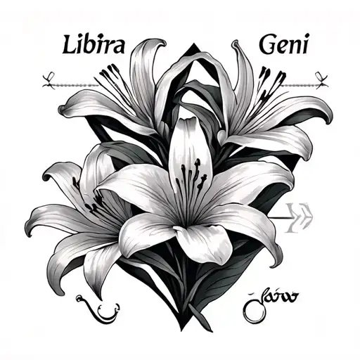 3 lilies in a triangle formation with the Libra, Gemini and leo zodiac sign floating above each lily tattoo design idea