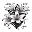 3 lilies in a triangle formation with the Libra, Gemini and leo zodiac sign floating above each lily tattoo design idea