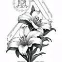 3 lilies in a triangle formation with the Libra, Gemini and leo zodiac sign floating above each lily tattoo design idea