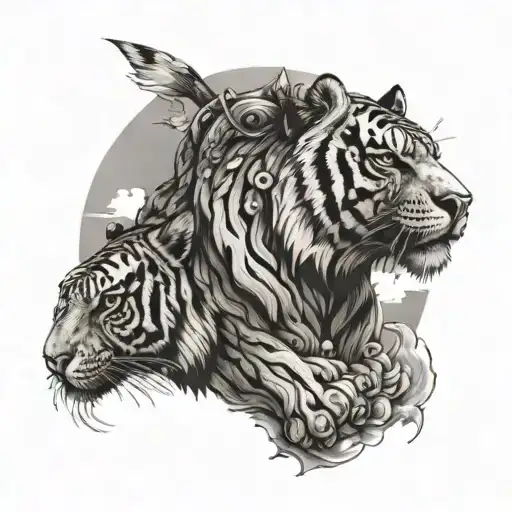 A dotwork design of a tiger and warrior united in a common cause, set against a backdrop of a radiant sun and fluffy clouds tattoo design idea