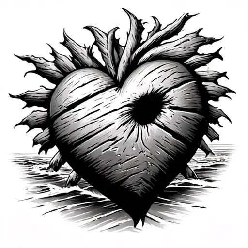 wooden heart. sinking ship. tattered rag. beach. tattoo design idea