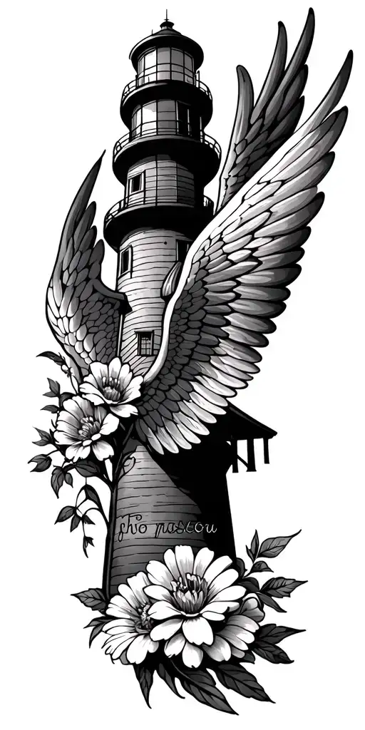 western flowers light house angle wings text for youn nephew who passed  tattoo design idea