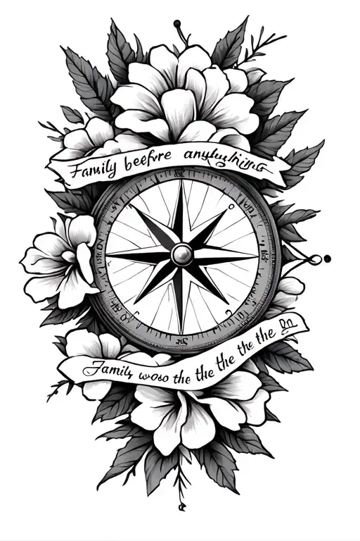 forearm tattoo of a compass and gardenia flowers and with the saying family before anything with a wolf in the woods tattoo design idea
