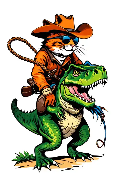 red cat wearing an orange cowboy hat, sunglasses, has a lasso, riding a green T rex and lassoing a blue and black raptor tattoo design idea