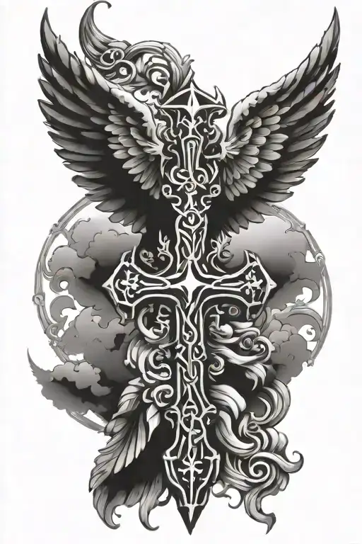 christian cross with angel wings tattoo design idea