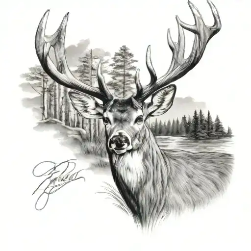 outdoor scene with large whitetail buck tattoo design idea