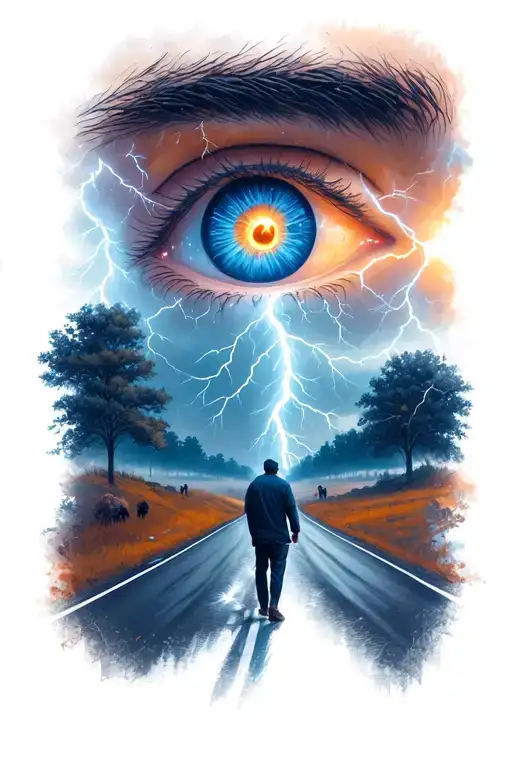 eye above a thunderstorm lightining towards man on a road tattoo design idea