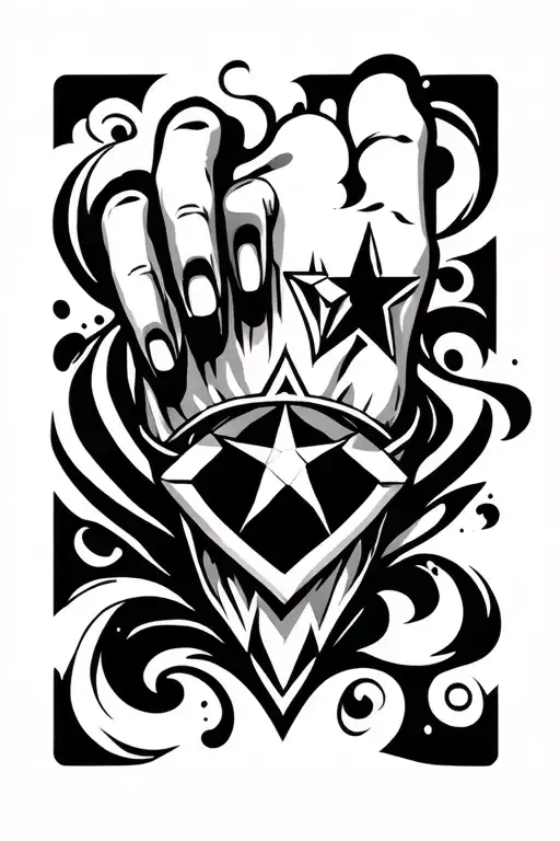middle finger with swirls and diamond and a eight point star tattoo design idea