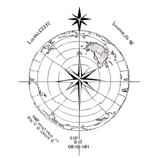 flat earth map, a 3d compass star on the side, Latitude line 39.1°N, Longitude 84.512020°W, and my birth date 08/16/1961 tattoo design idea