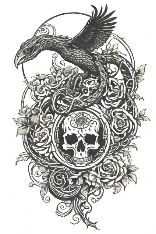 tree snake  black eagle waterfalls eyeball wheelchair sun, moon ,whale,dragonemersing,grimreaper skull roses  tattoo design idea