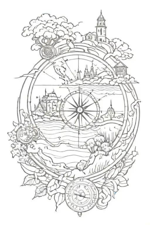 tattoo featuring italian landscape, compass, globe tattoo design idea