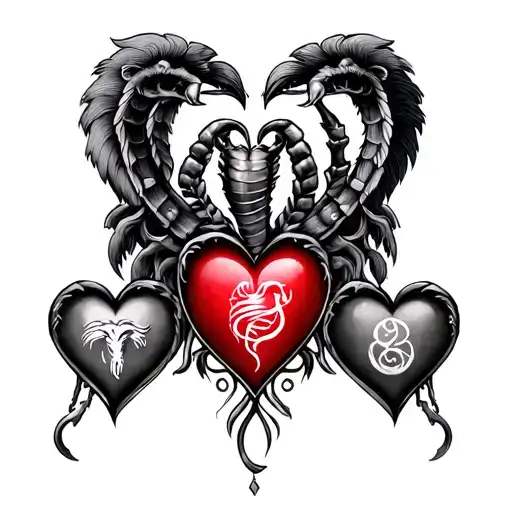 3 small hearts with aquarius, leo, scorpio symbols in them tattoo design idea