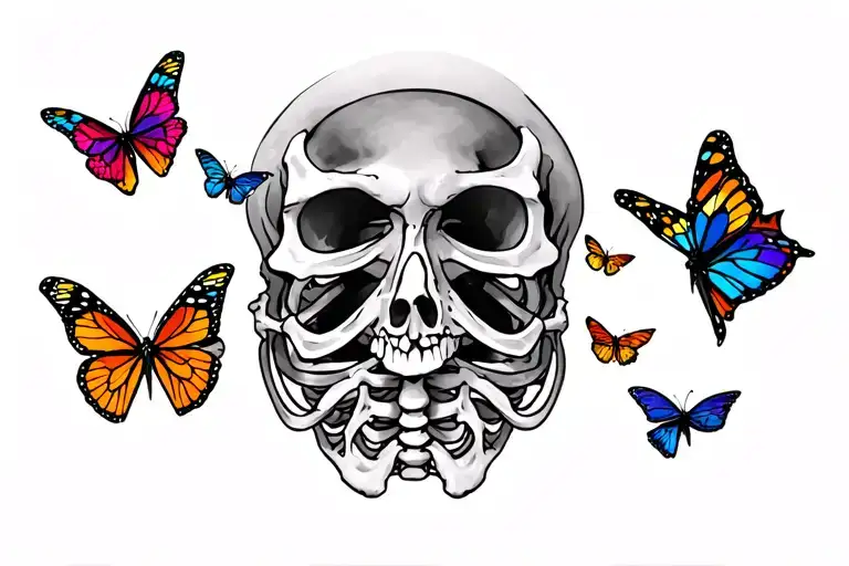 colorful butterflies trapped within the rib cage of a skeleton  tattoo design idea