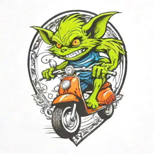 gremlin riding a scooter curly hair tattoo design idea