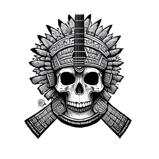 Mayan guitar skull tattoo design idea