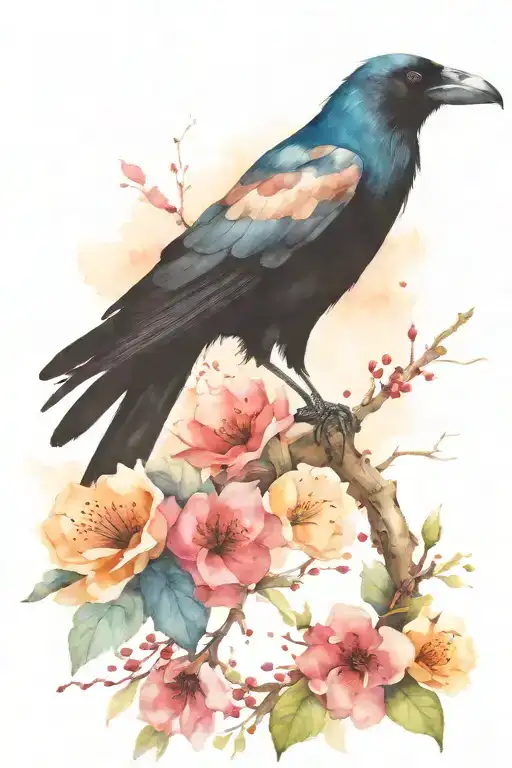  majestic crow perched on a branch, with its dark feathers contrasting against the vibrant colors of the flowers. In its tattoo design idea