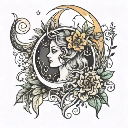 witchy moon and flowers tattoo design idea