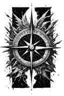 broken compass rose with intricate details surrounded by chaos tattoo design idea
