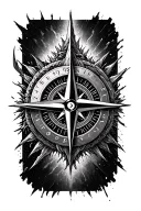 broken compass rose with intricate details surrounded by chaos tattoo design idea