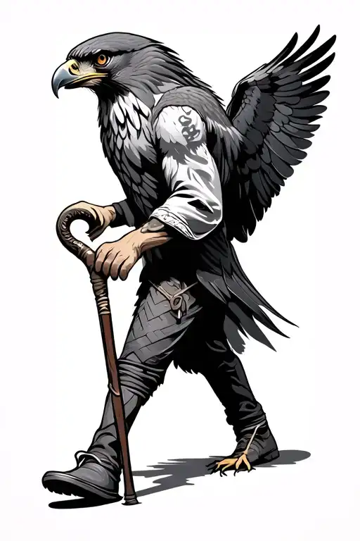 walking cane with a hawk tattoo design idea
