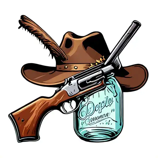 rifle, cowboy hat, broken mason jar, GDP, tattoo design idea
